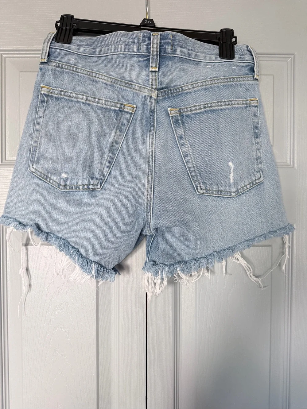 Agolde Parker Long Light Blue Distressed Denim Cutoff Shorts